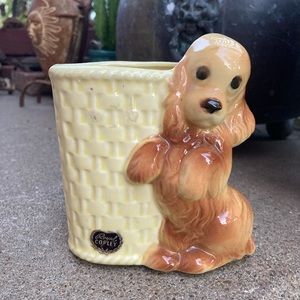 Vintage Royal Copley Brown Dog Cocker Spaniel with Basket Vase Ceramic Planter